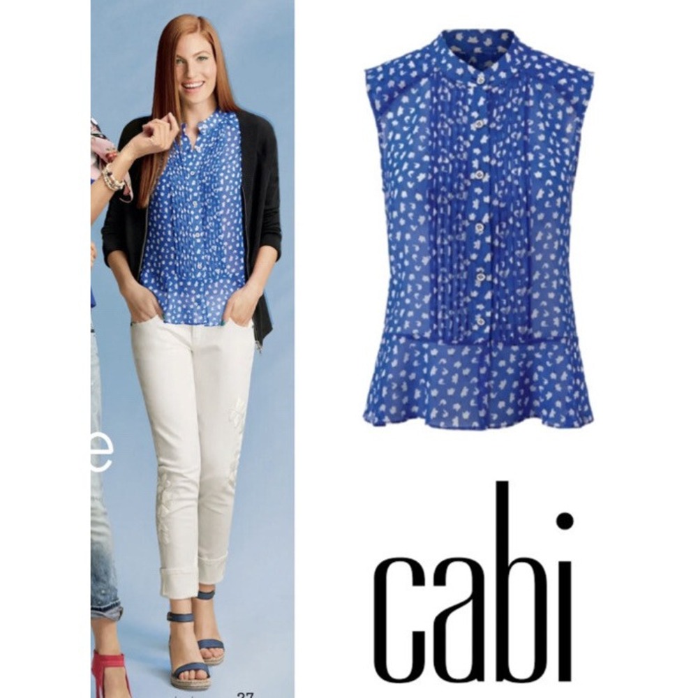 Cabi Electric Peplum Sheer Blue Tank Top XS Blouse 5530 Floral Button Down Shirt